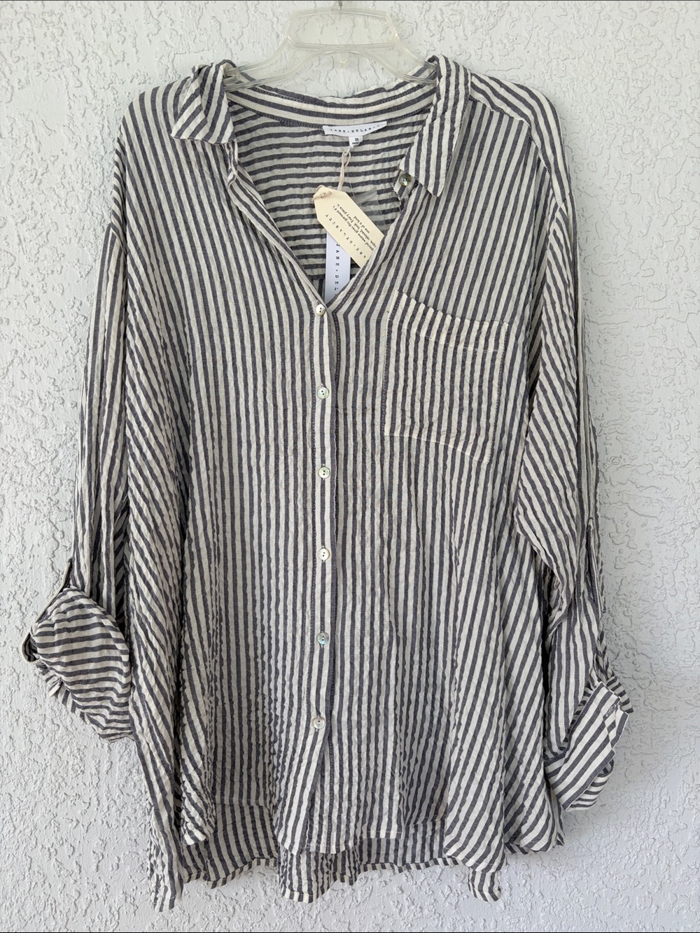 Jane +Delancey Gray and White Vertical Stripe Button-Down Shirt